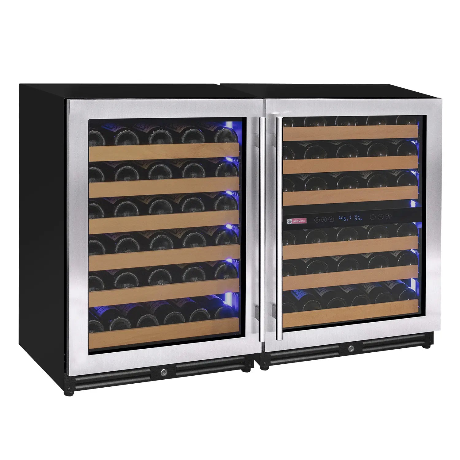 Allavino Reserva Series 112 Bottle Three Zone Undercounter Wine Refrigerator Cooler with Stainless Steel Doors - Side-by-Side