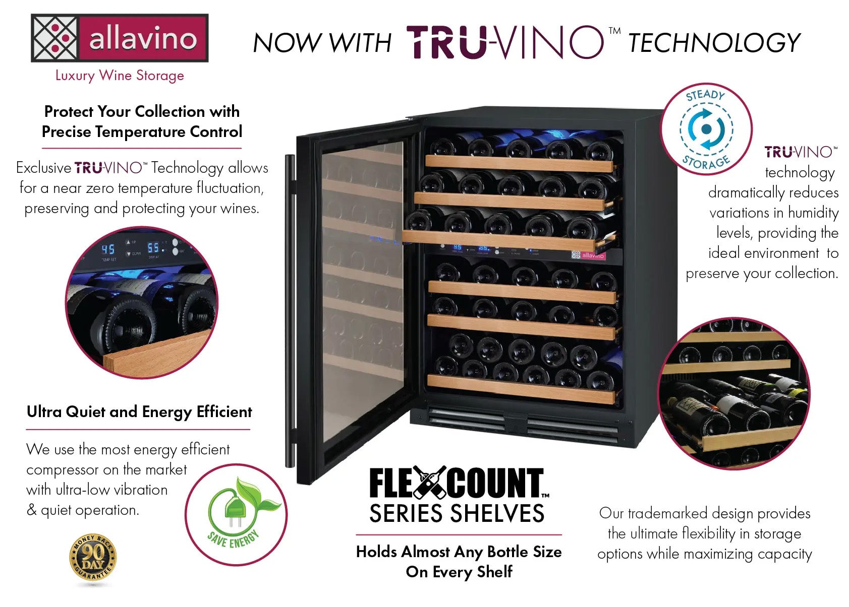 24" Wide FlexCount II Tru-Vino 56 Bottle Dual Zone Black Left Hinge Wine Refrigerator