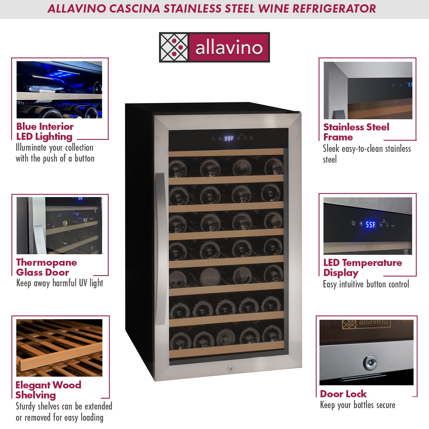 Cascina Series 50 Bottle Single Zone Freestanding Wine Cooler Refrigerator with Stainless Steel Door