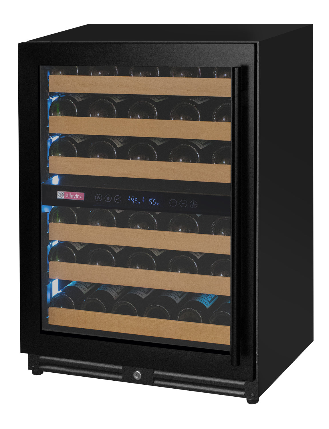 Reserva Series - 56 Bottle Dual Zone Built-in Luxury Wine Refrigerator with Black Door - Left Hinge