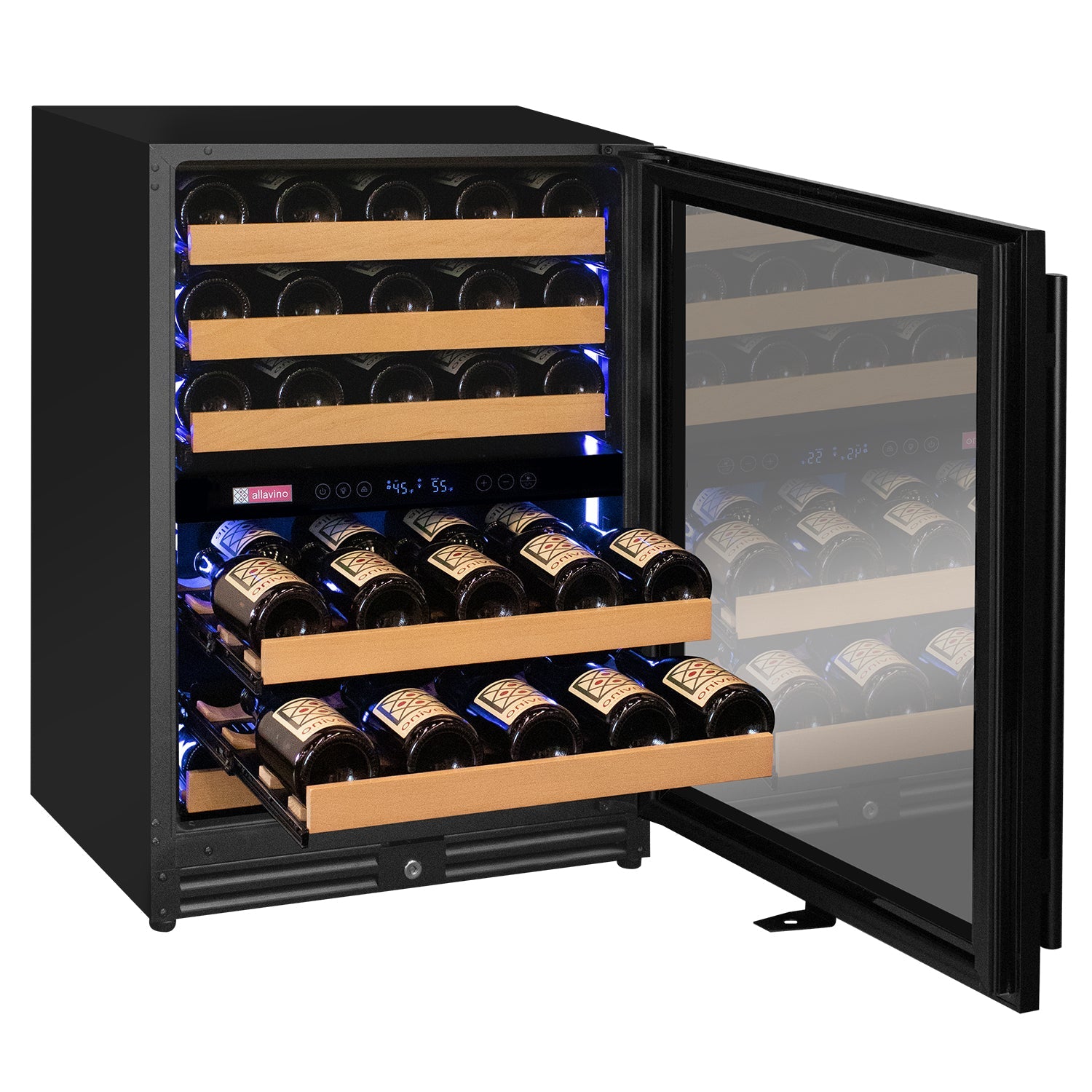 Reserva Series - 56 Bottle Dual Zone Built-in Luxury Wine Refrigerator with Black Door - Right Hinge