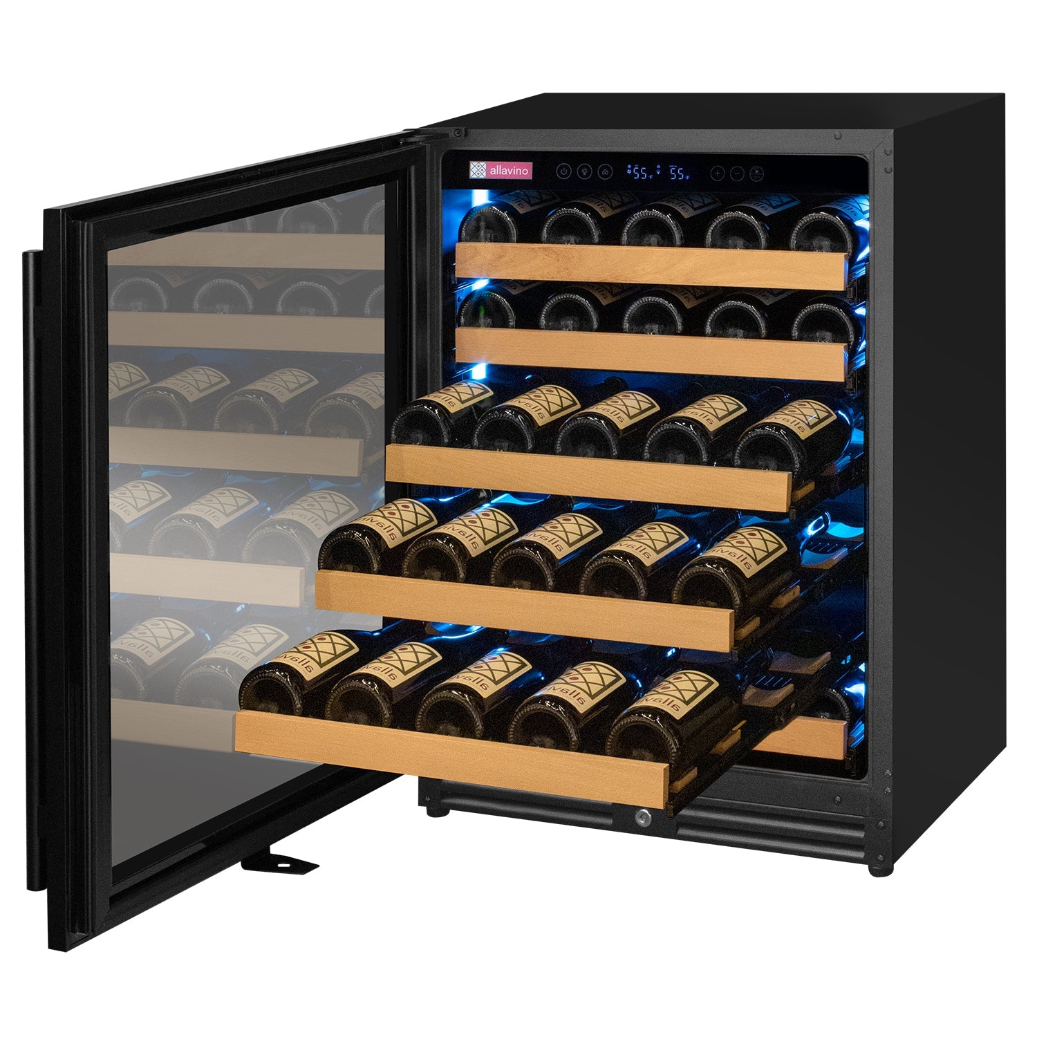 Reserva Series - 56 Bottle Single Zone Built-in Luxury Wine Refrigerator with Black Door - Left Hinge