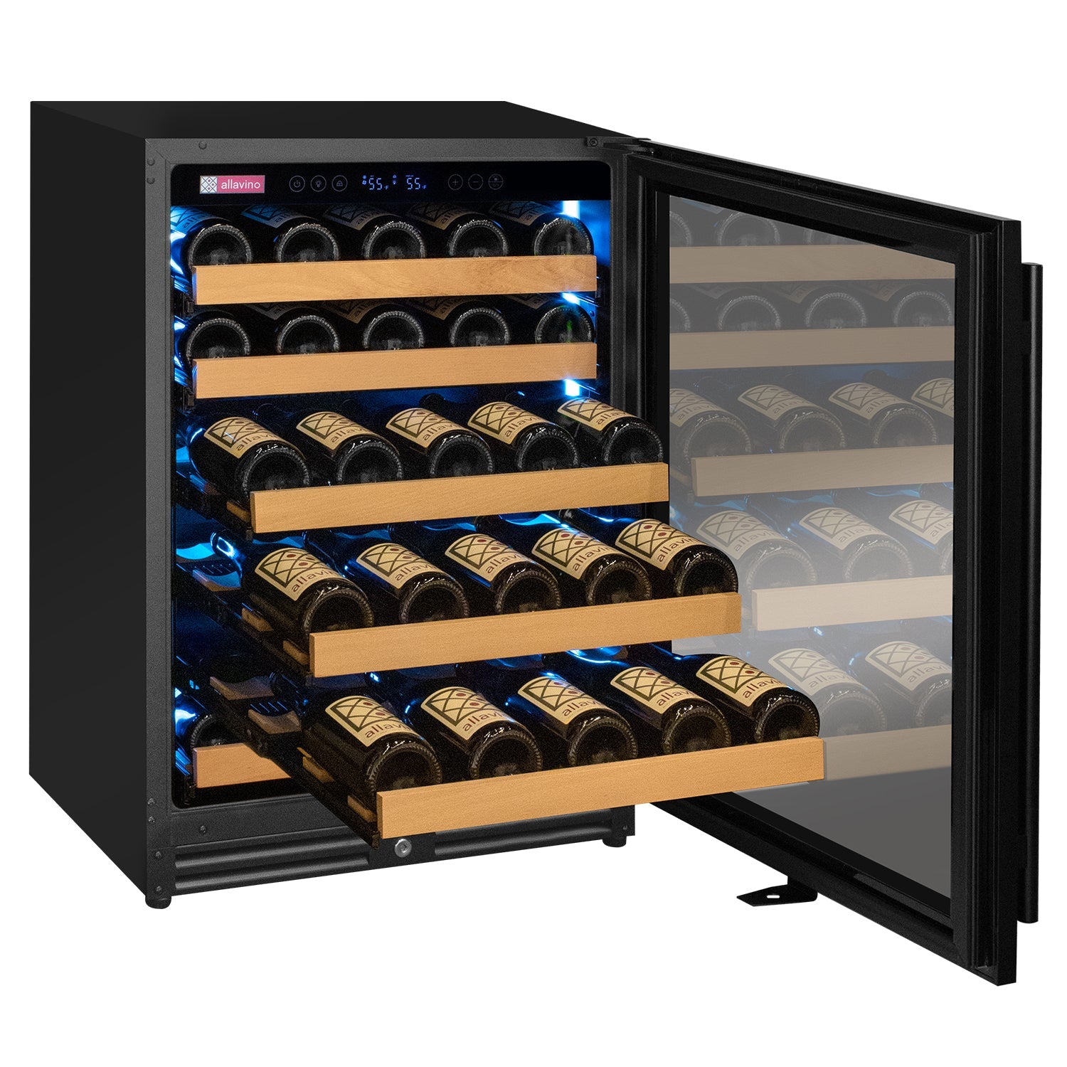 Reserva Series - 56 Bottle Single Zone Built-in Luxury Wine Refrigerator with Black Door - Right Hinge