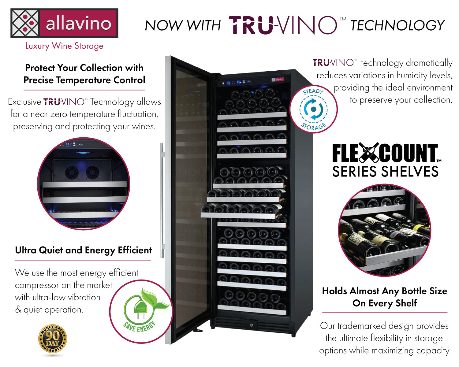 24" Wide FlexCount II Tru-Vino 177 Bottle Single Zone Stainless Steel Left Hinge Wine Refrigerator
