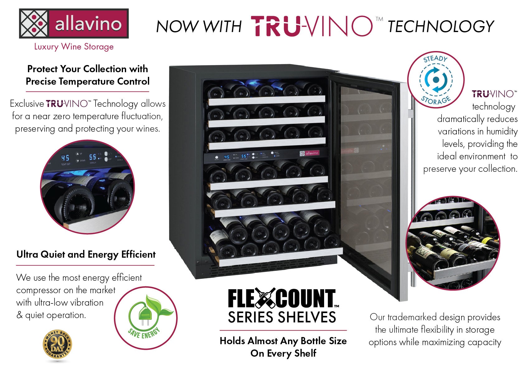 47" Wide FlexCount II Tru-Vino 112 Bottle Four Zone Stainless Steel Side-by-Side Wine Refrigerator