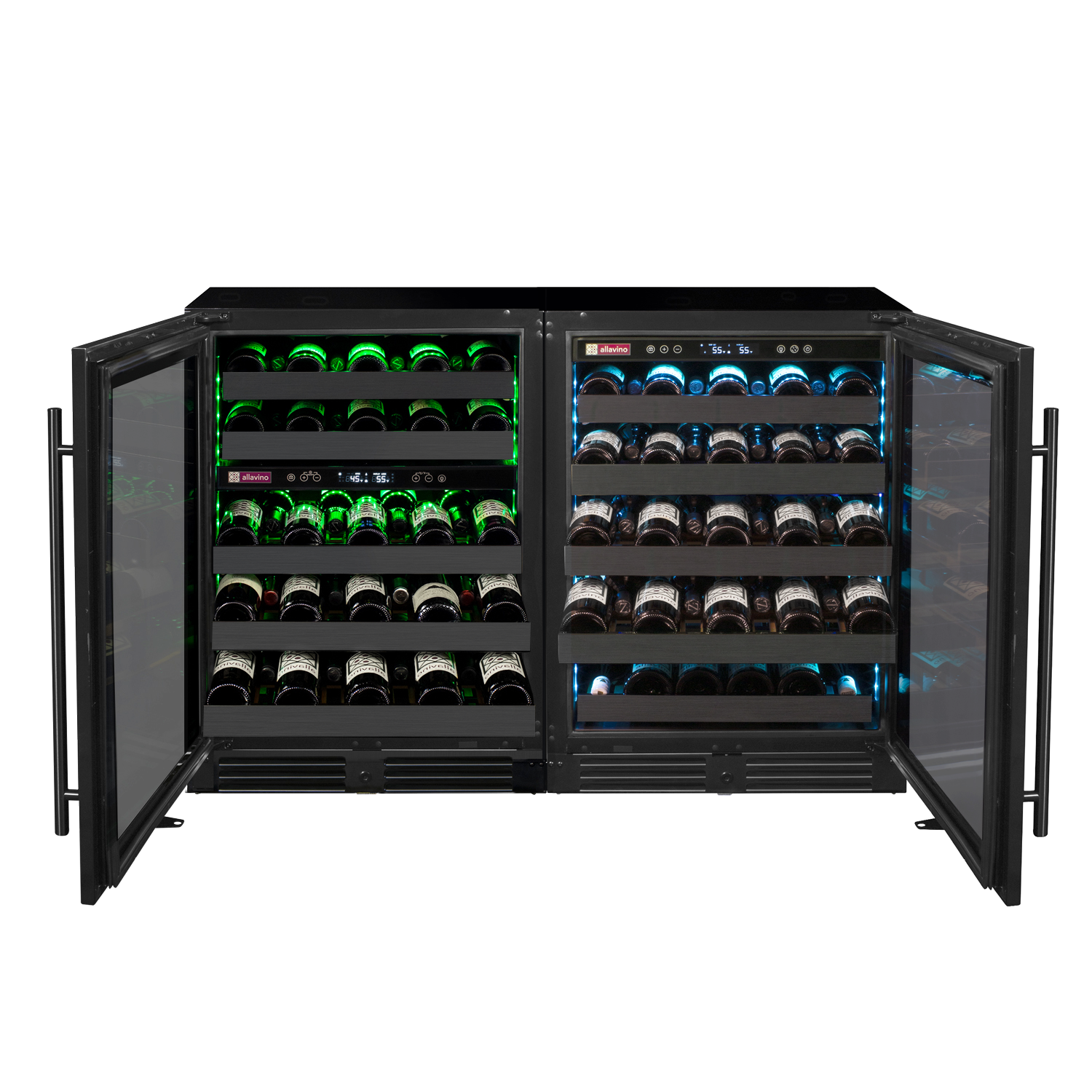 Reserva Series 100 Bottle 34" Tall Three Zone Black Stainless Steel Side-by-Side Wine Cooler Refrigerator