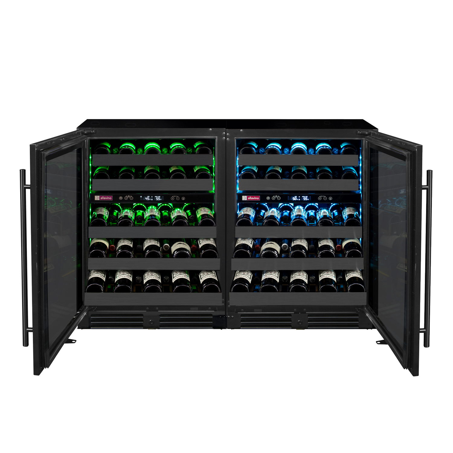 Reserva Series 100 Bottle 34" Tall Four Zone Black Stainless Steel Side-by-Side Wine Cooler Refrigerator