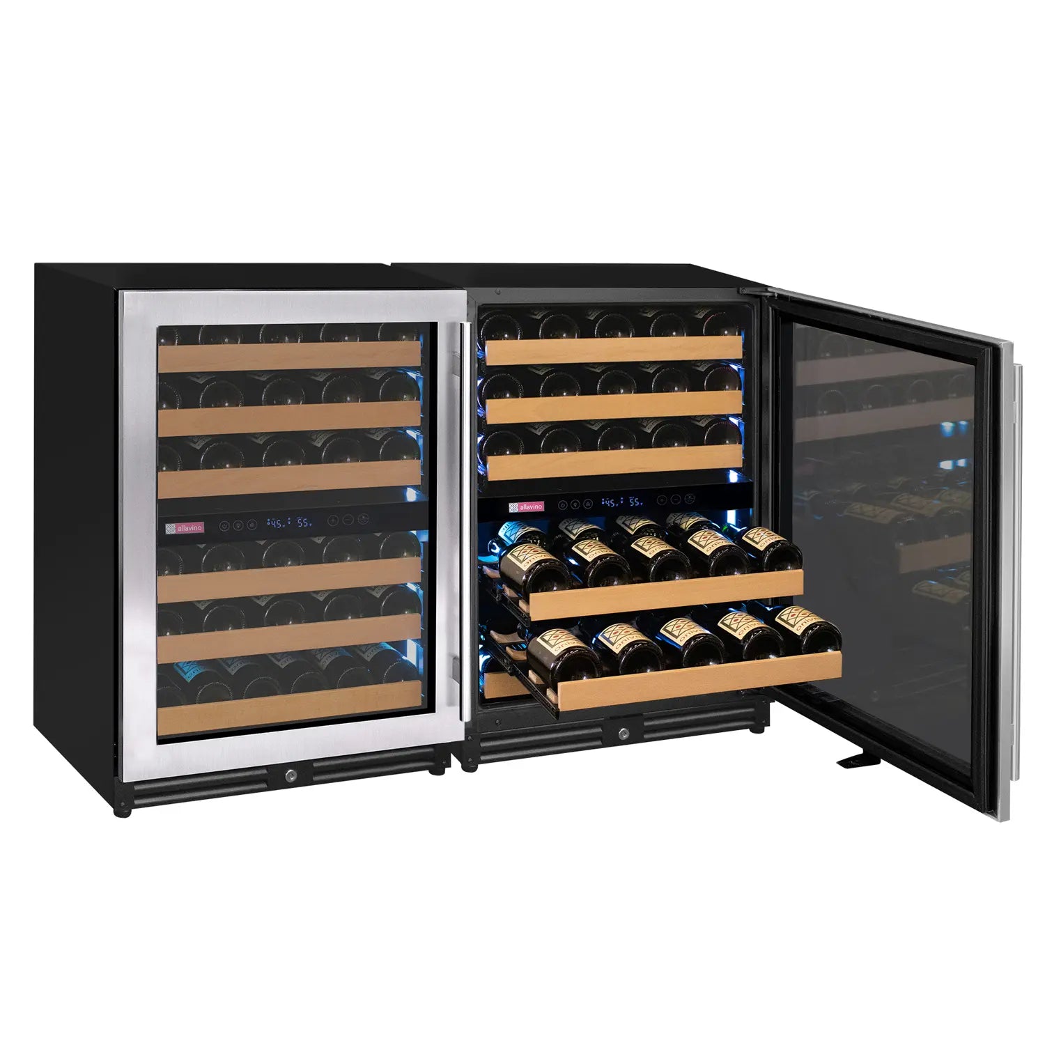 Allavino Reserva Series 112 Bottle Four Zone Undercounter Wine Refrigerator Cooler with Stainless Steel Doors - Side-by-Side