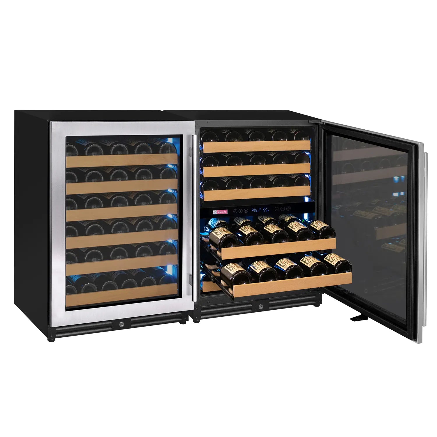 Allavino Reserva Series 112 Bottle Three Zone Undercounter Wine Refrigerator Cooler with Stainless Steel Doors - Side-by-Side