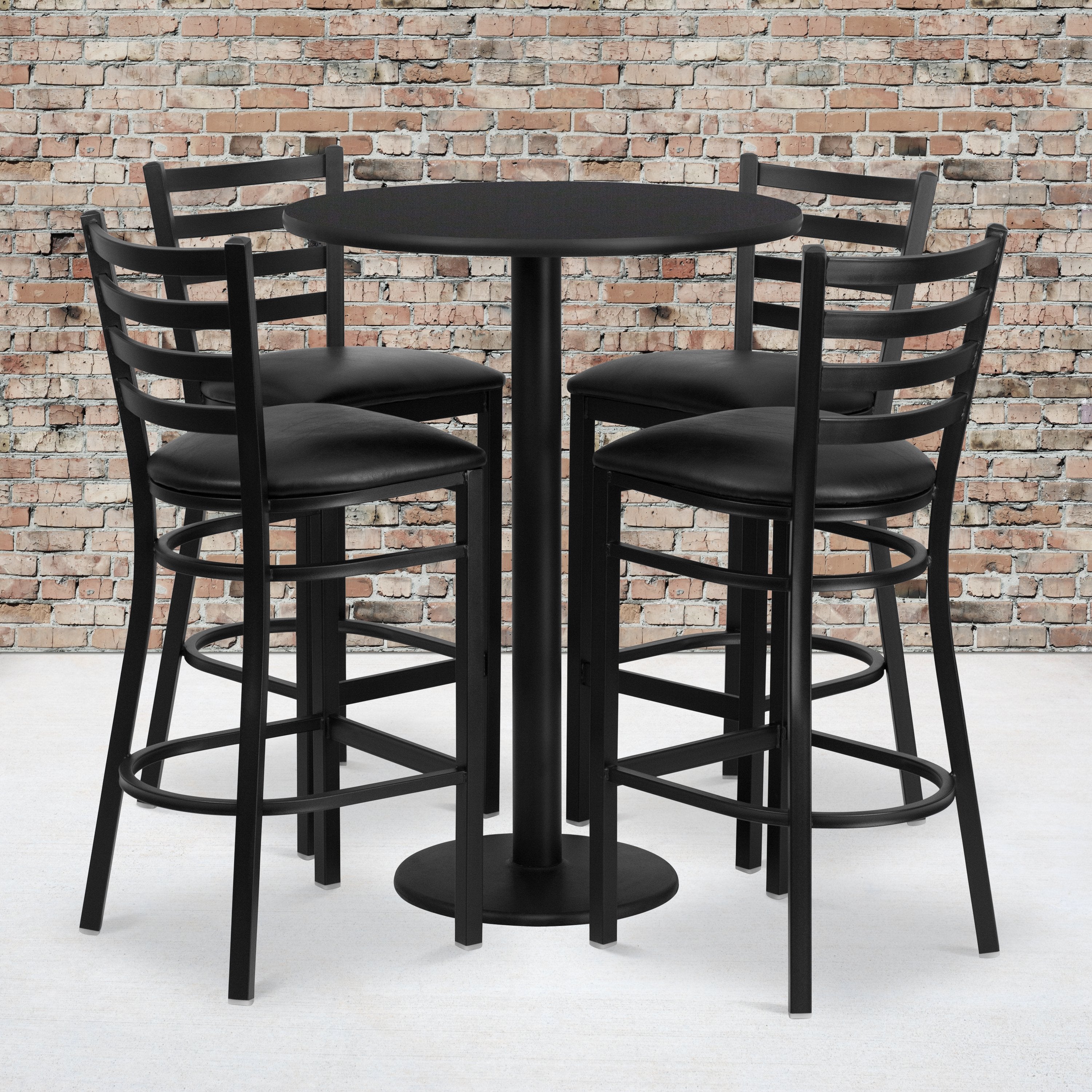 30'' Round Black Laminate Table Set with Round Base and 4 Ladder Metal Barstools (RSRB1021-GG)